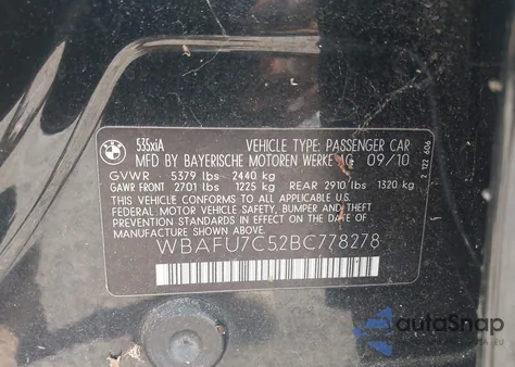 2011 BMW 535I xDrive из США, поврежденный, VIN WBAFU7C52BC778278